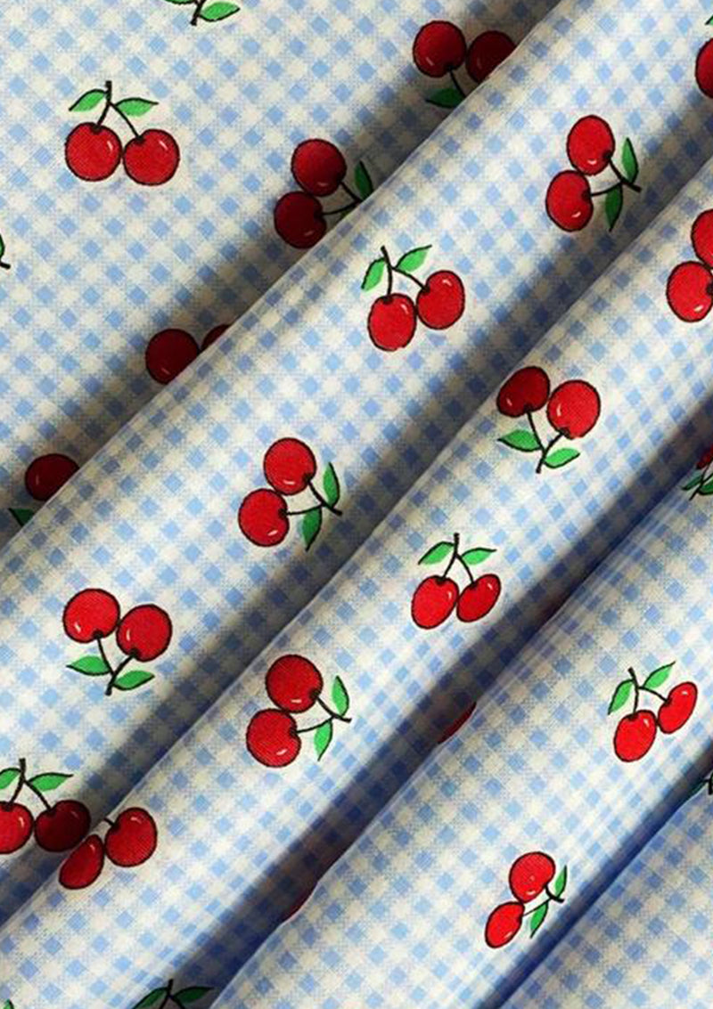 Gingham Cherry Jersey Fabric Cotton Blend Spandex 4-Way Stretch 60’’ Wide - Blue